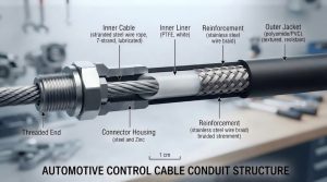 Automotive control cable conduit structure with inner cable, liner and reinforcement