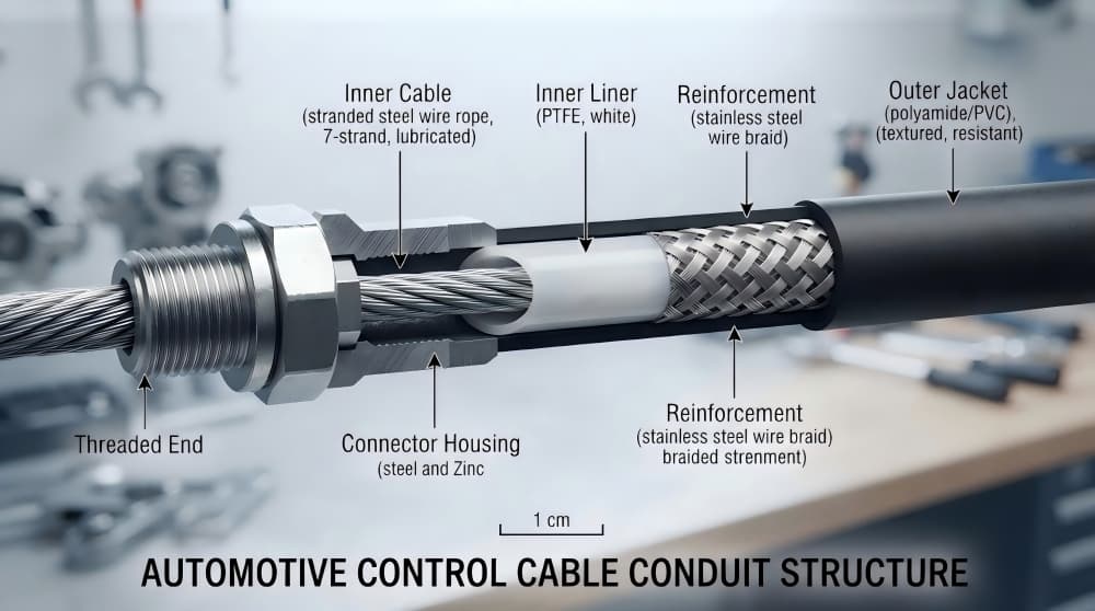 Automotive control cable conduit structure with inner cable, liner and reinforcement