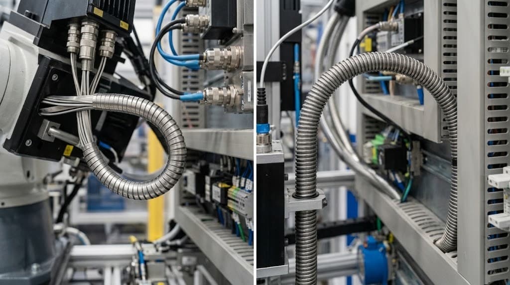 A side-by-side field comparison, visualizing how the flat wrap’s smooth profile permits much tighter routing than the round wire structure